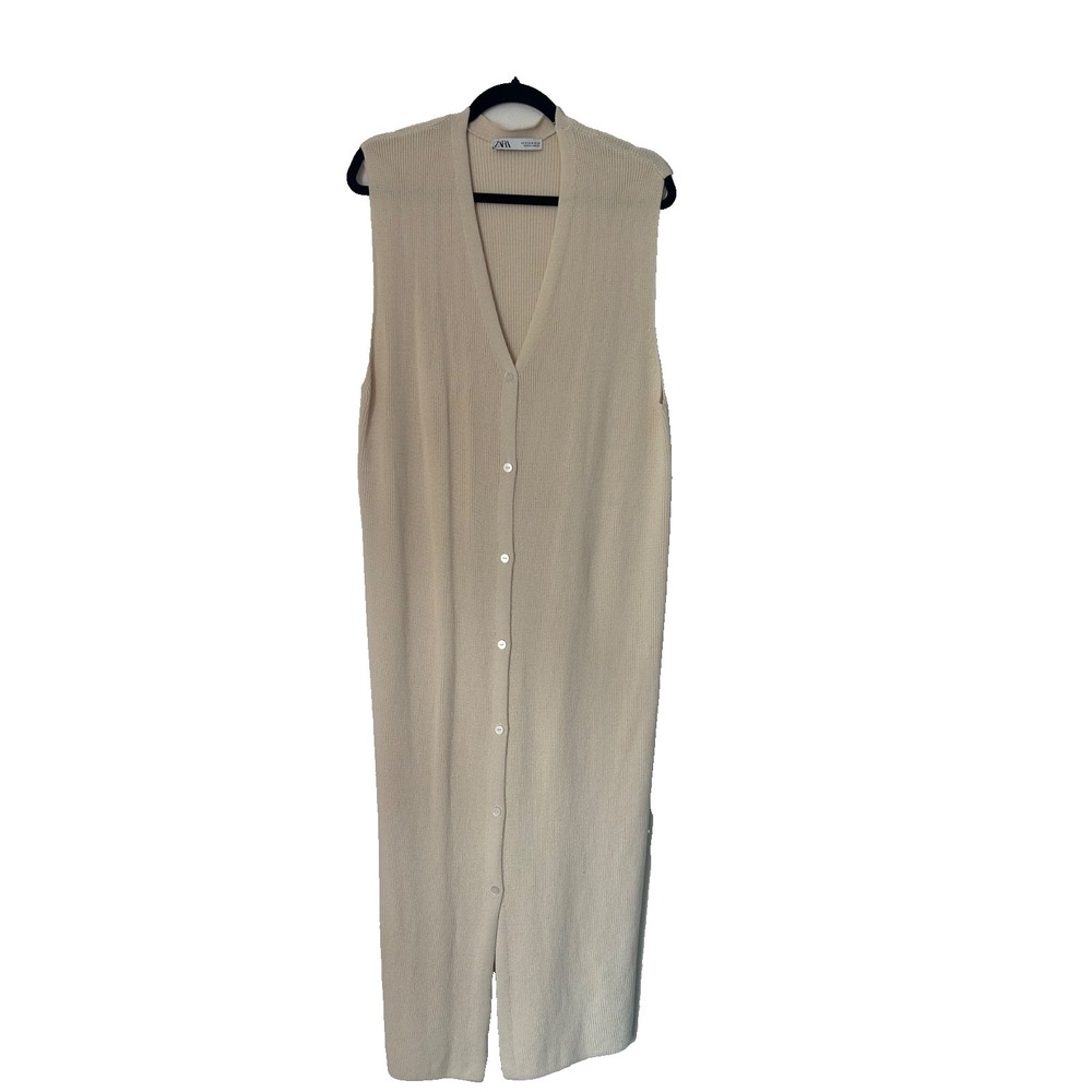 Zara‎ Beige Sleeveless Cardigan M Midi Button Front V-Neck Versatile Long Duster